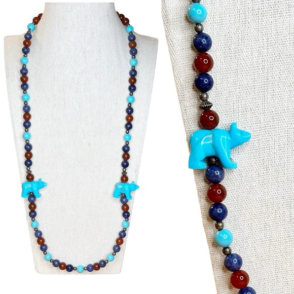 Carolyn Pollack HTF Sterling Silver Native Design Turquoise Bear Lapis Necklace - Picture 1 of 7